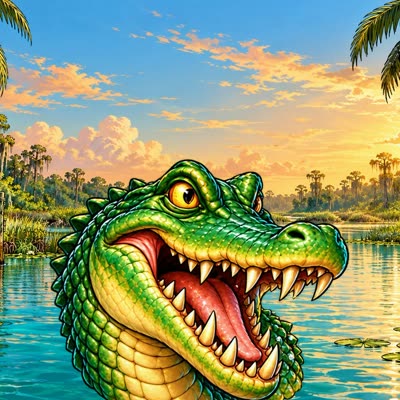 Florida Crocodile Farm: a grinning crocodile in a sunset swamp
