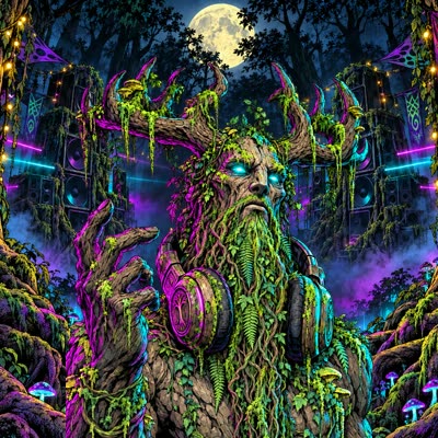 Forest Rave: a moss-covered tree spirit wearing headphones