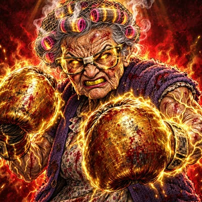 Punch Drunk: Granny in hair curlers throwing a blazing punch