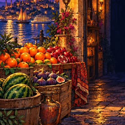 Super Mega Fruite Store: a night market fruit stall by the Bosphorus