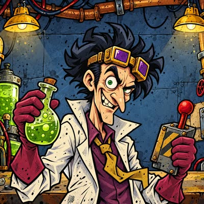 Crazy Professor: a wild-haired scientist holding a lever and a potion