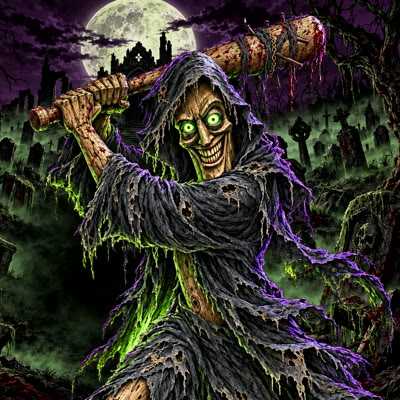 Rot in Peace: a hooded wooden zombie with a club in a moonlit graveyard