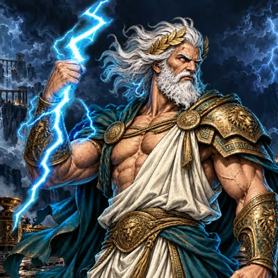 Zeus · Wrath of Olympus: Zeus raising a lightning bolt